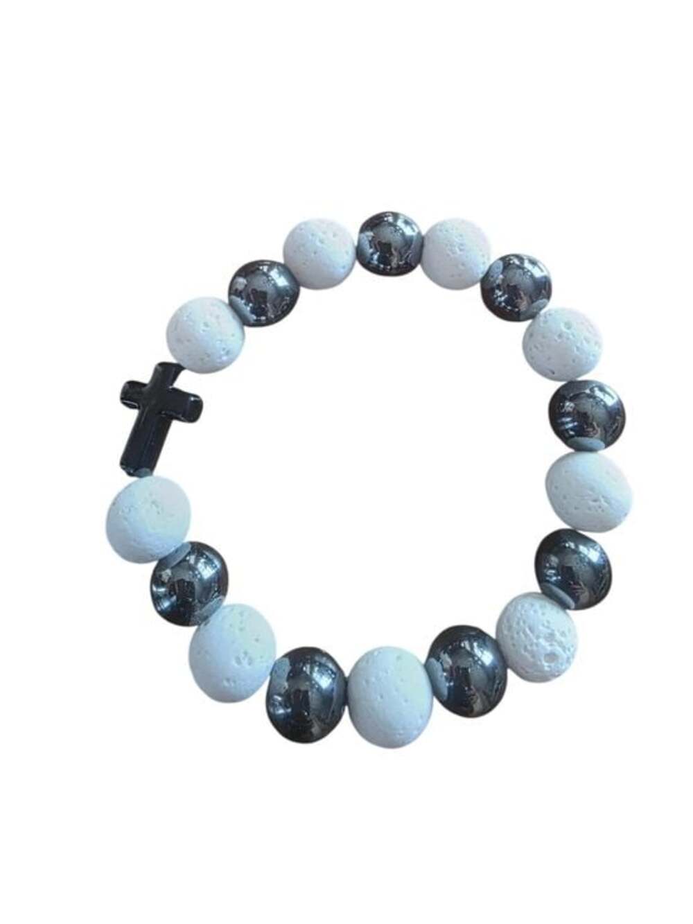 Handcrafted Black Hematite and White Lava Rock Cross Stretch Bracelet